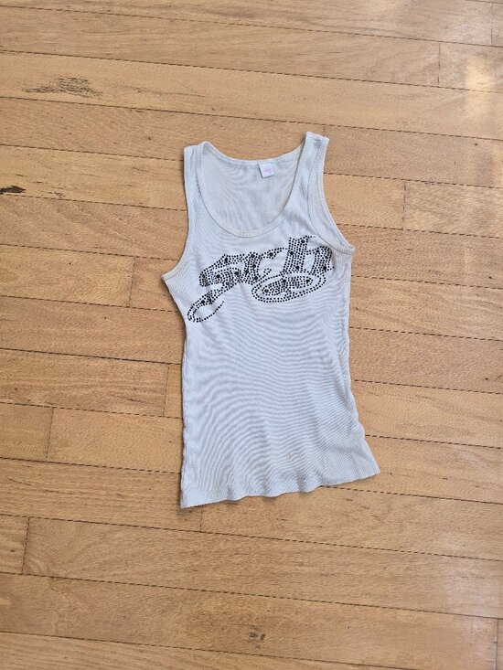 Vintage Tops - vintage Y2K | blinged-out white ribbed fitted tank top | WMS S